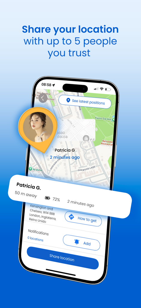 AlertCops mobile app interface showing real-time location sharing with a trusted contact on a map