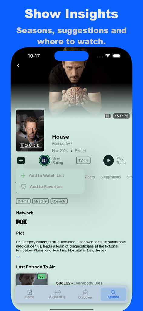 The FlixHub app interface displaying information and ratings for the TV series House.