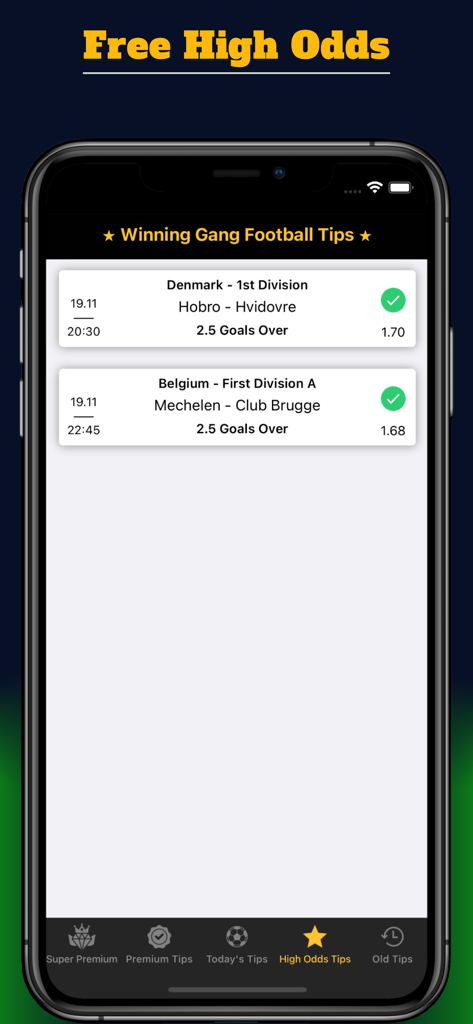 Winning Gang app screen showing free high odds football betting predictions for European leagues