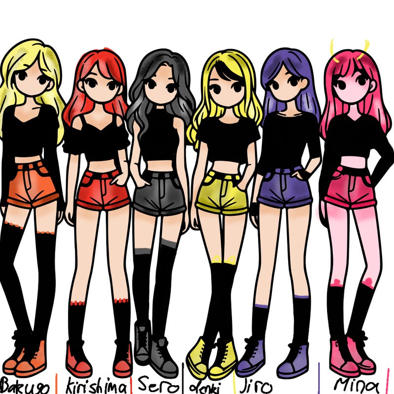 a group of girls wearing crop tops and shorts