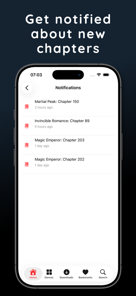 Manga Infinity - Manga Reader - Un écran de téléphone portable montrant la liste des notifications dans l'application Manga Infinity avec des alertes de nouveaux chapitres pour diverses séries de manga