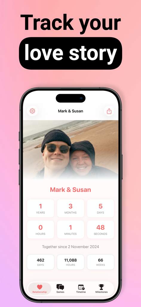 Relationship Counter - Screenshot of the Relationship Counter app showing a couple's time together in years months and days with a personalized photo