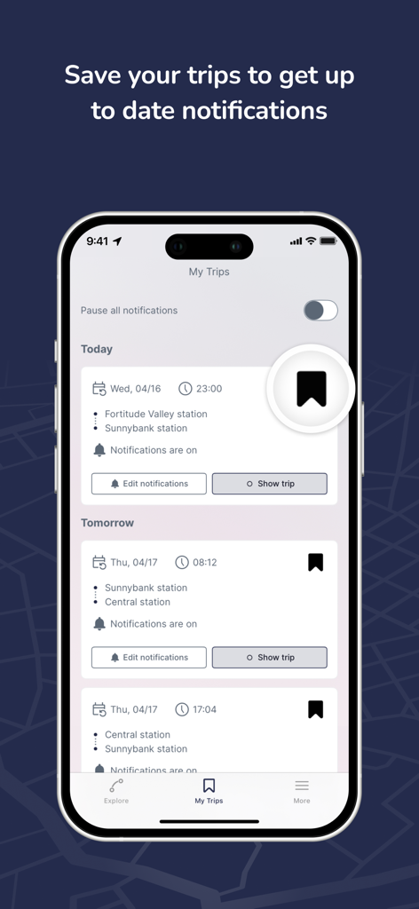 Smartphone showing the My Trips screen in the Translink app with saved public transit routes and notification options
