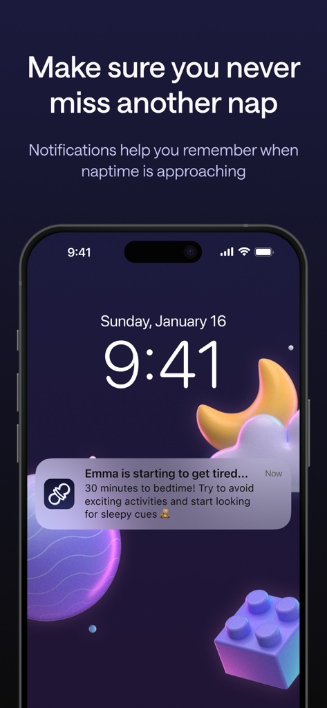 Napper: Baby Sleep Tracker - Napper アプリからの通知で、赤ちゃんの次の就寝時間を親にリマインドするモバイルロック画面