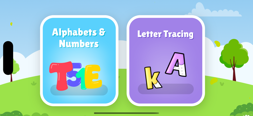 ABC 123 Letters Tracing Kids - Main menu screen showing alphabet and number tracing options for kids