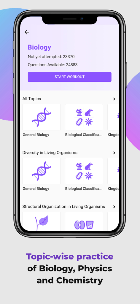 NEET Prep App by Darwin - ダーウィンアプリの画面。一般生物学や生物分類を含む、NEET対策のためのトピック別の生物練習が表示されています。