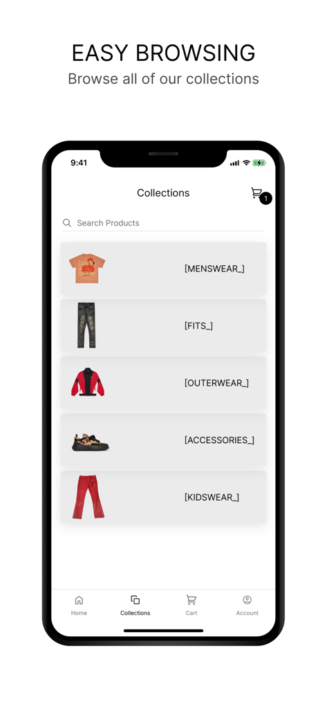 Valabasas - Valabasas mobile app screen showing categories for menswear outerwear and accessories