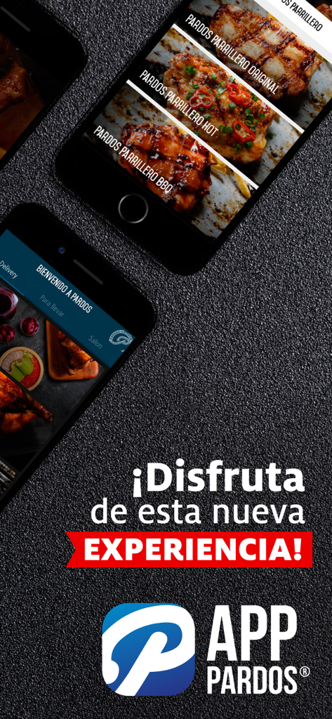 Smartphones displaying the Pardos Chicken app with menu options for Peruvian grilled chicken and the app logo.