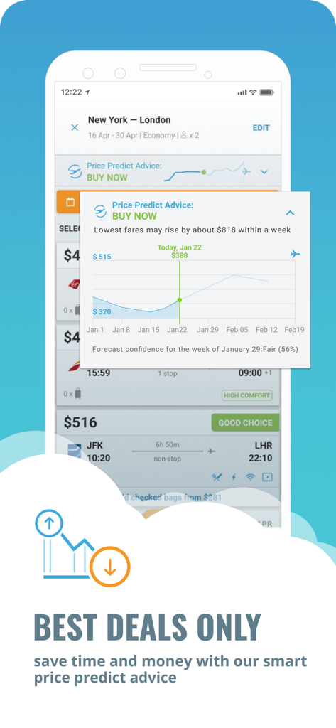 Fareboom Discount Flights - Fareboom app screenshot showing flight price prediction and buy now advice