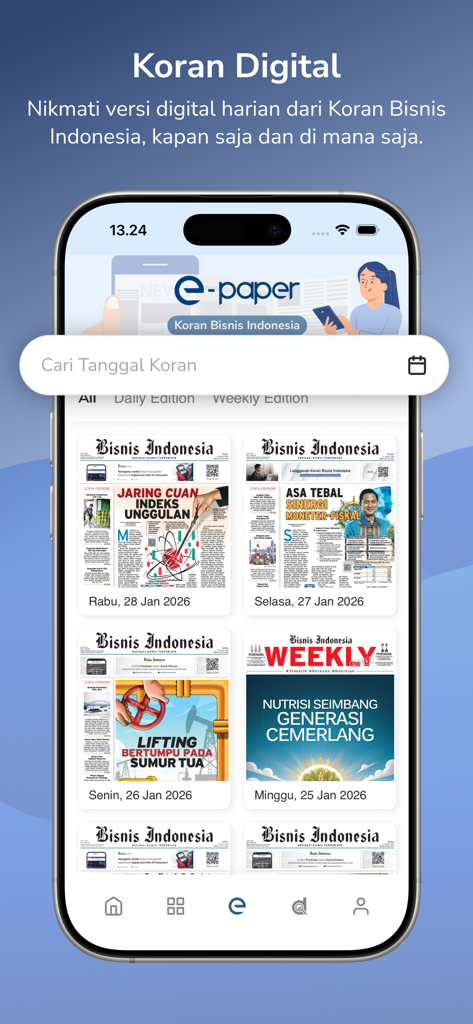 Mobile screen displaying digital newspaper editions from the Bisnis Indonesia E-Paper app