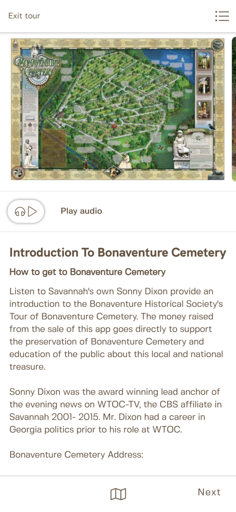 Bonaventure Cemetery Tours app interface showing an illustrated cemetery map and an introduction text with audio guide options.