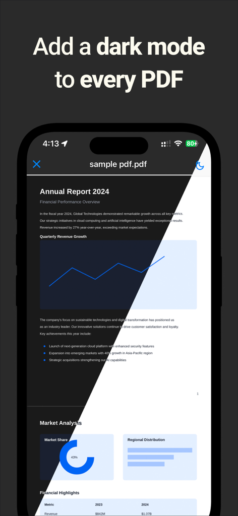 iPhone 화면에 라이트 모드와 다크 모드를 나란히 비교하는 PDF 보고서 표시