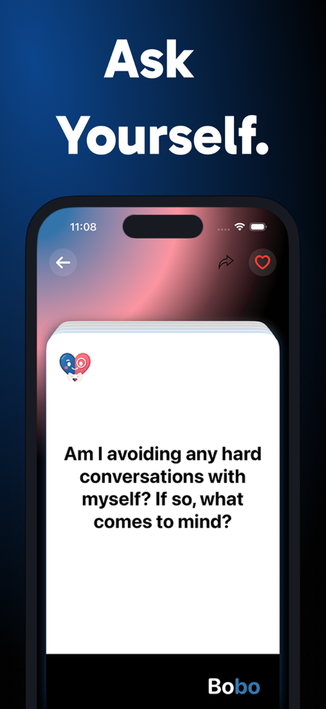 BoBo Cards: Deep Conversations - Smartphone screen displaying a BoBo Cards introspection prompt asking about hard self-conversations