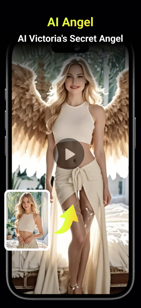 AI Kiss & Hug Video: Quirks AI - A screenshot of the Quirks AI app showing a photo transformation into an AI Angel with large feathered wings.