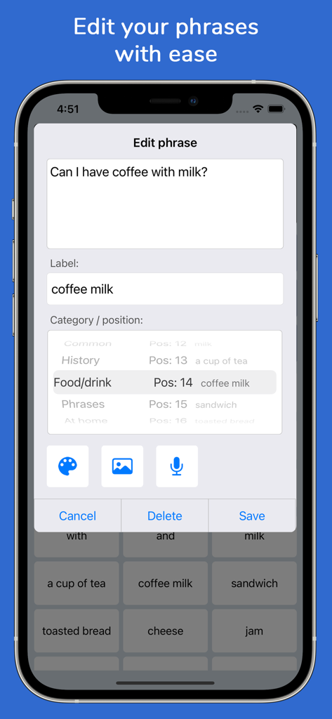 Interfaccia che mostra la schermata di modifica delle frasi nell'app Speech Assistant AAC
