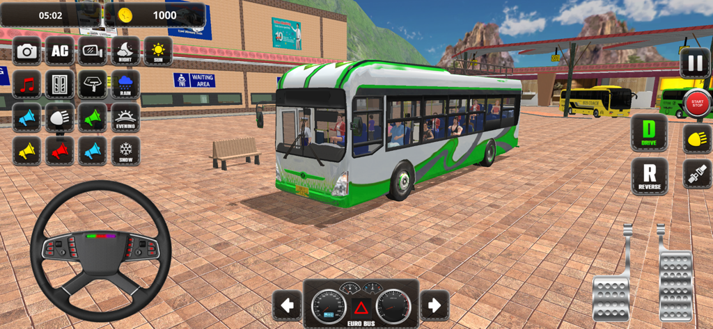 RoadMaster: Bus Simulator - Gameplay screenshot of RoadMaster Bus Simulator showing a green passenger bus at a station with on screen driving controls
