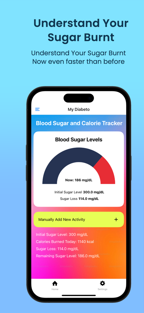 My Diabeto - Dashboard of My Diabeto app showing blood sugar levels and calories burnt tracker.