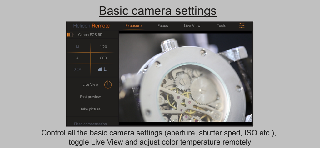 Helicon Remote - Helicon Remote interface showing camera settings and live view for tethered shooting