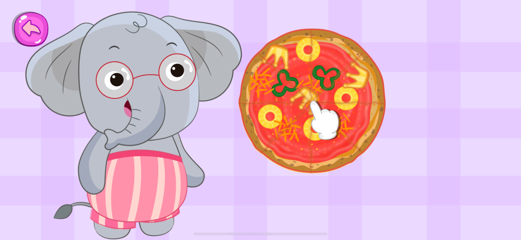 Pizza Maker Kids Cooking Games - A cute cartoon elephant standing next to a custom pizza with diverse toppings in a children cooking game