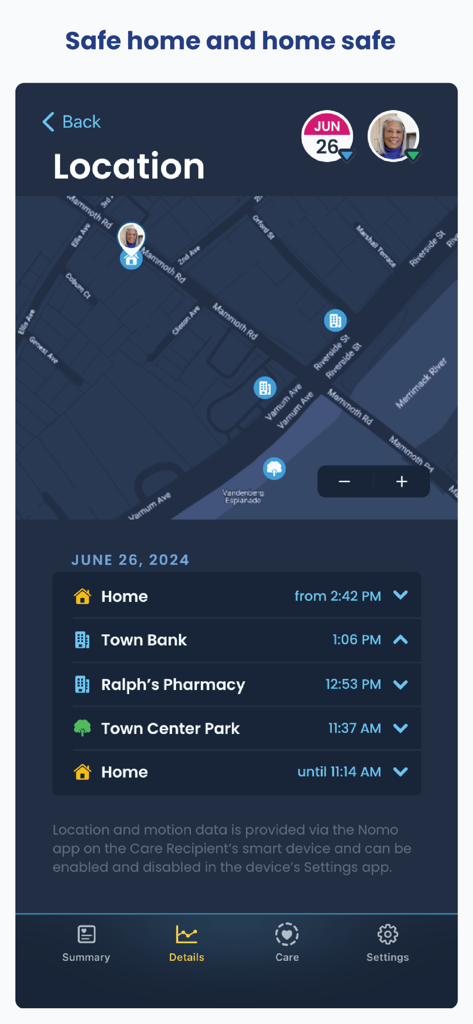 Nomo Smart Care - Nomo Smart Care app showing location history and map for remote monitoring of an aging parent.