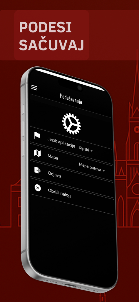 City Taxi NS - City Taxi NSアプリの設定メニュー。言語、マップ、アカウント管理オプションが表示されています。