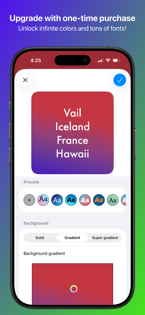 Sticky Widgets - An iPhone screen displaying the Sticky Widgets app customization menu with options for font presets and gradient backgrounds