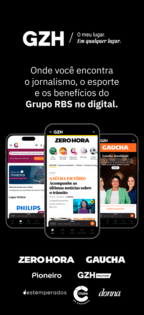 GZH: notícias RS - GZH app interface showing news, live radio, and sports coverage for Rio Grande do Sul