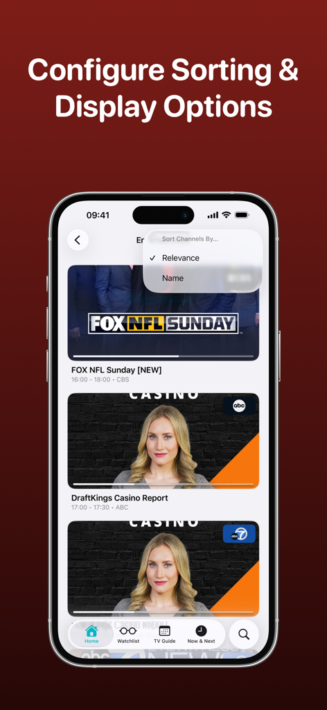 TV Launcher - Live US Channels - iPhone screen showing the TV Launcher app with channel sorting options and live US television listings