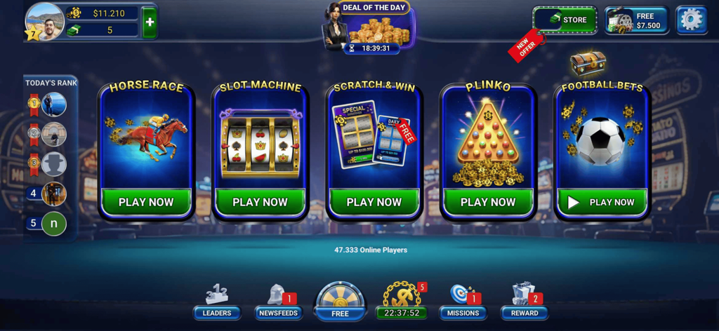 경마 슬롯 스크래치 카드 및 플링코와 같은 게임 모드가 포함된 플링코 온라인 앱의 메인 메뉴 화면