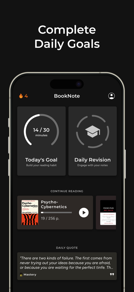 BookNote - Book Tracker & TBR - Interfaz de la aplicación BookNote mostrando el progreso de lectura diario, el estado del libro actual y una cita diaria motivacional en un panel temático oscuro.