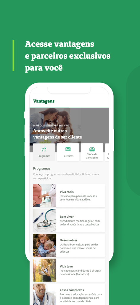 Unimed Goiânia - Unimed Goiania app screen showing various health programs and exclusive member benefits
