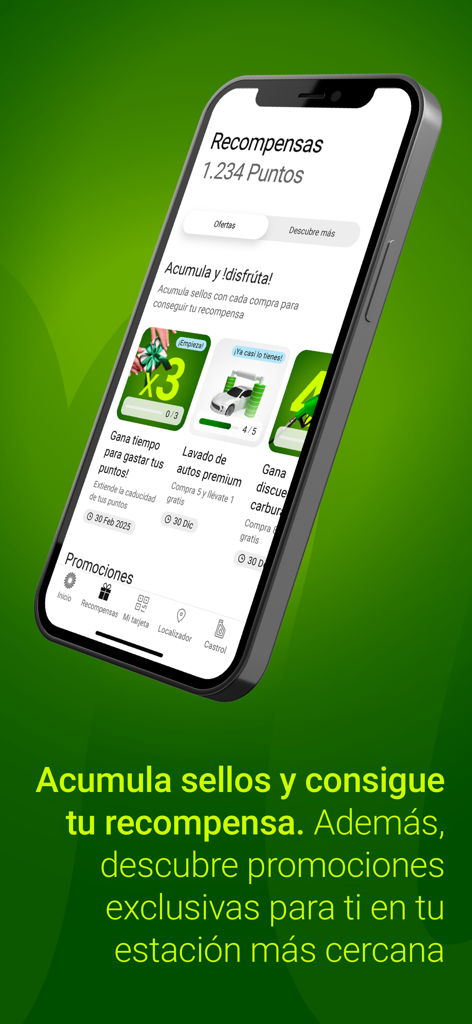 miBP ofertas y puntos gasolina - miBP app rewards screen showing earned points and promotional offers for car washes and fuel discounts