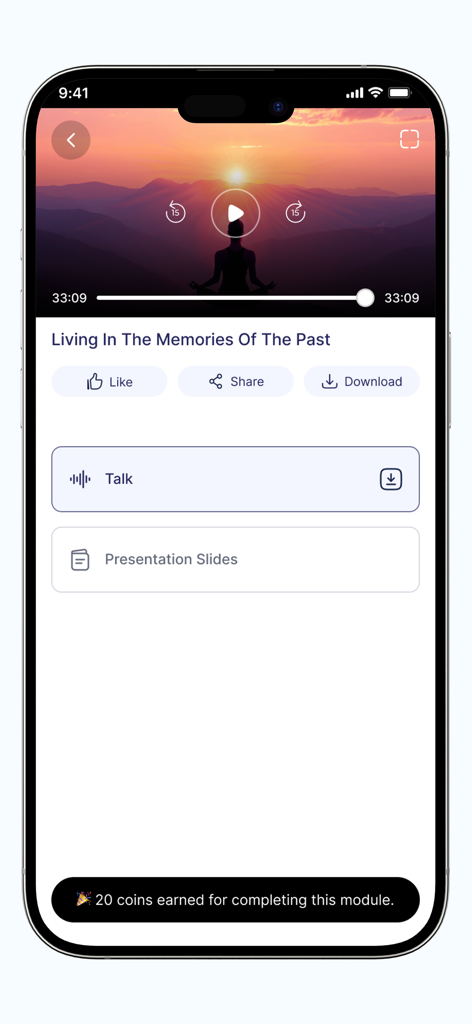 SOUL LAB - SOUL LAB mobile app interface showing an audio meditation player for a session titled Living In The Memories Of The Past with a rewards notification.