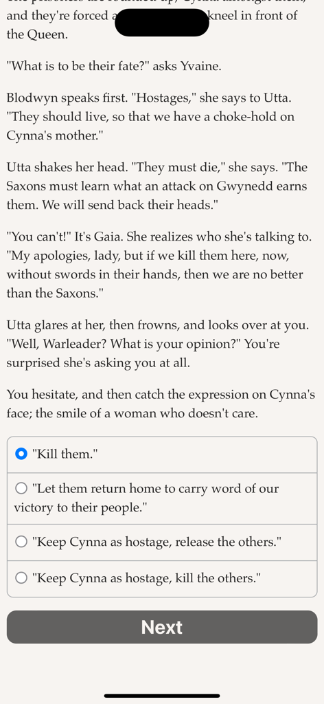 Pendragon Rising - A text-based gameplay screen from Pendragon Rising showing a moral choice regarding the fate of prisoners with multiple dialogue options.
