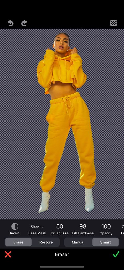 Mobile app interface showing a person isolated on a transparent background using a smart eraser tool