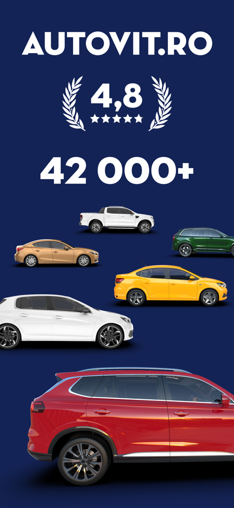 Autovit.ro:  Car Marketplace - Autovit app interface showing a high user rating and over 42000 car listings with various vehicle types