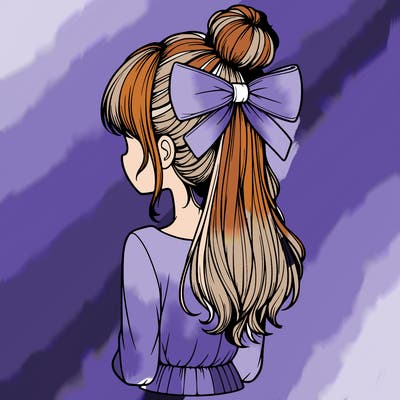 realistic girl  with hip length hair a bun and a big bow on the back of head