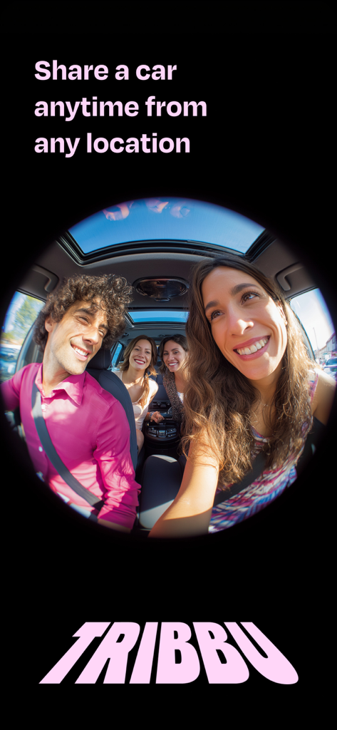 Eine Gruppe vielfältiger junger Erwachsener lächelt, während sie mit der TRIBBU-App Fahrgemeinschaften bilden.