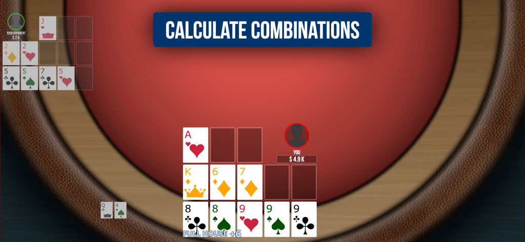 仮想ポーカーテーブルでカードの組み合わせ計算を示す、オープンフェイス・チャイニーズポーカー・パイナップルのゲームプレイ