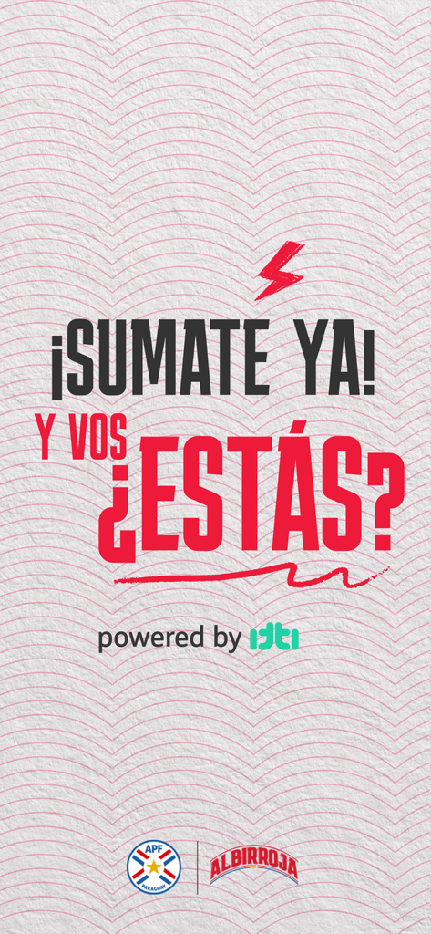 APF - App Oficial - Werbebildschirm für die offizielle APF-App mit Albirroja- und APF-Logos sowie Handlungsaufforderungstext auf Spanisch