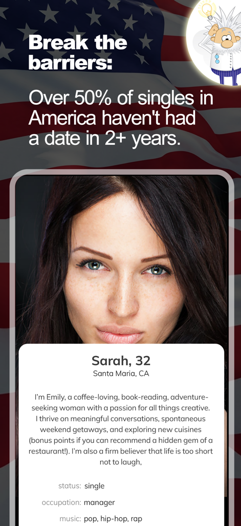 USA Dating - Datee - A user profile on the USA Dating app featuring a woman and US dating statistics.