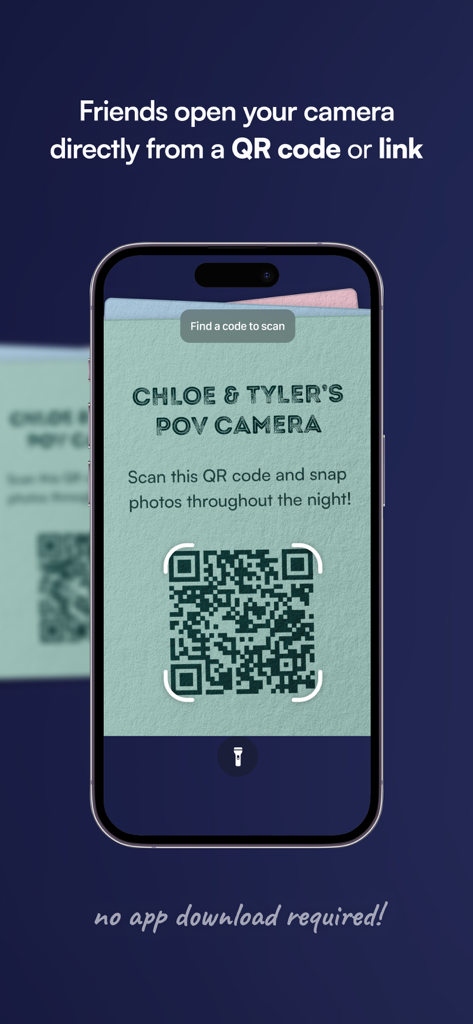 POV – Disposable Camera Events - A smartphone screen displaying a custom QR code for a wedding event camera with a message that no app download is required for guests.