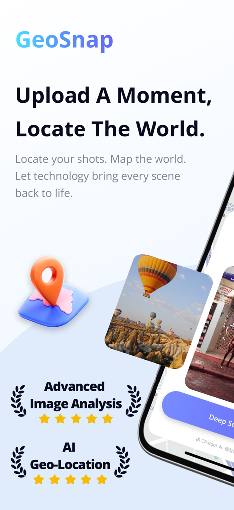 Interface de l'application de localisation GeoSnap AI pour la géolocalisation de photos et l'analyse d'images avancée
