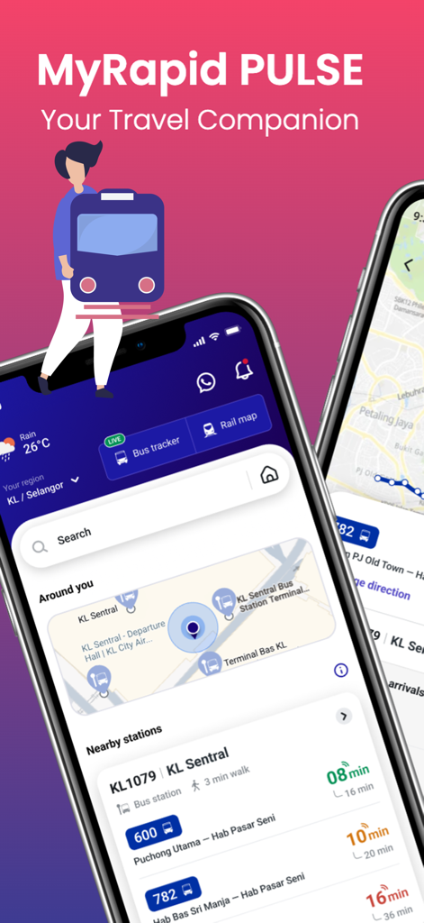 MyRapid PULSE app screen showing nearby bus stations and live arrival times in Kuala Lumpur
