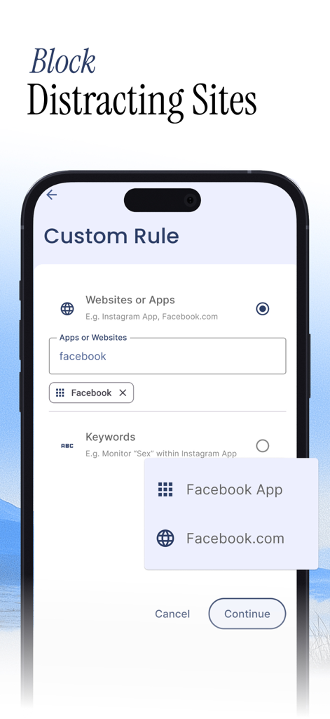 LeadMeNot interface showing how to block distracting websites and apps like Facebook