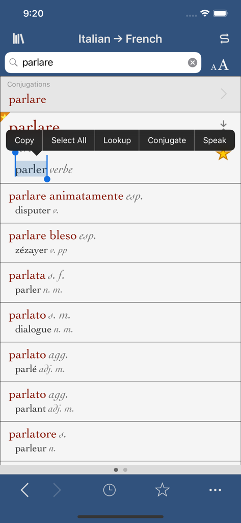 Dictionary search results in the Ultralingua app showing Italian to French translations for the verb parlare with a contextual action menu.