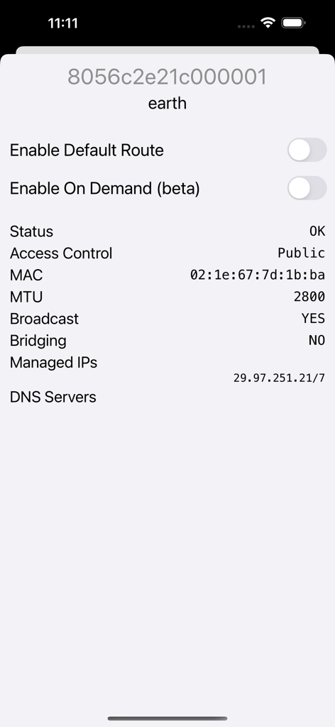 ZeroTier One - ZeroTier One App-Bildschirm mit Details zum virtuellen Netzwerk und Status auf einem iPhone