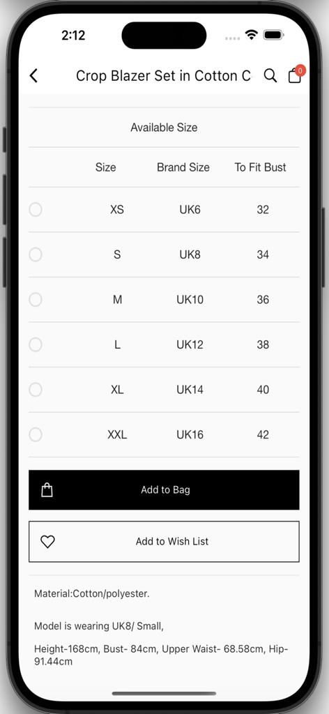 Bovary - Size selection table and product details for a women's crop blazer on the Bovary shopping app