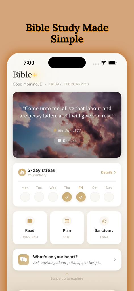 Bible Plus: Pray, Study & Read - Interface de l'application Bible Plus montrant une carte de verset quotidien, une série d'activités et des boutons de navigation pour l'étude biblique et le mode sanctuaire.
