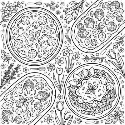 Dive into a culinary and seasonal delight with this intricate coloring page featuring scrumptious pizza and pasta dishes adorned with fresh spring blossoms. Discover the joy of bringing vibrant colors to a delightful blend of your favorite comfort foods and the beauty of springtime.